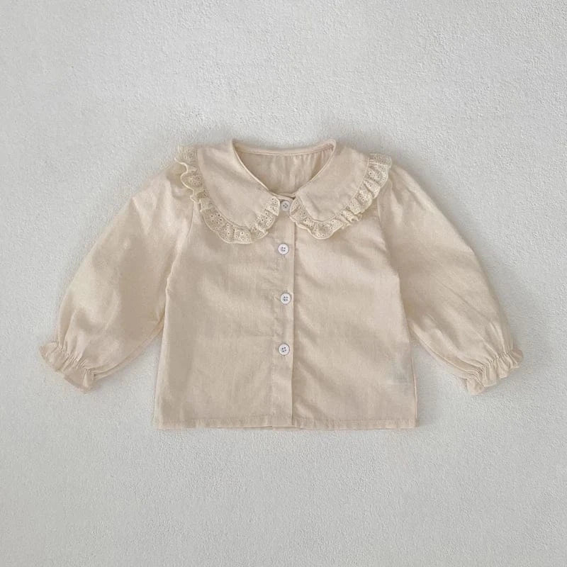 長袖セットアップ Beige / 6-9M 73cm ベビートップス/パンツ フリル襟長袖ブラウス/フリルウエストフラワープリントロングパフパンツ【mh0006988】