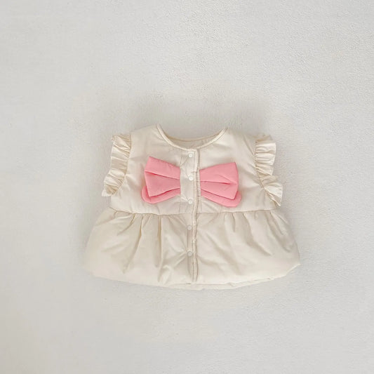 ベスト Beige White / 6M 66CM ベビーベスト リボンペプラムパデッドアウターベスト【mh0008070】