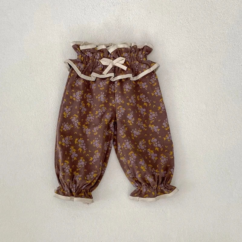 長袖セットアップ Brown / 6-9M 73cm ベビートップス/パンツ フリル襟長袖ブラウス/フリルウエストフラワープリントロングパフパンツ【mh0006988】