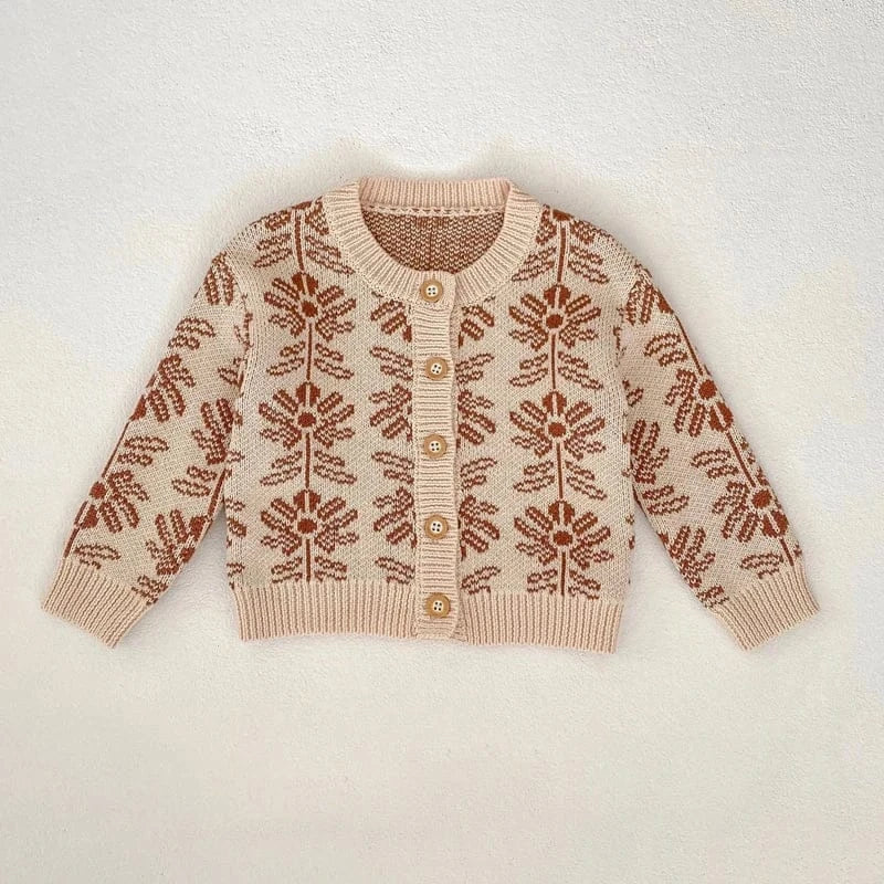 ロンパースセットアップ coat / 3-6M 66cm ベビーカーディガン/ロンパース ボタニカル北欧風フラワー柄ニットジャケット/サスペンダーボディスーツ【mh0007037】