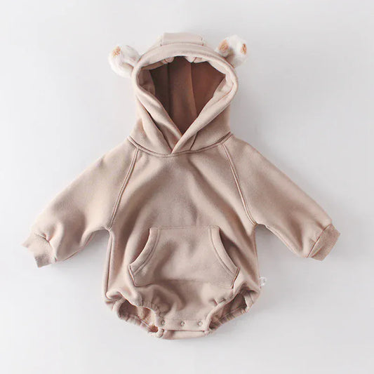 長袖ロンパース Khaki / 3-6M 66cm ベビーロンパース レオパードファー耳付きフーディボディスーツ 2カラー【mh0006993】