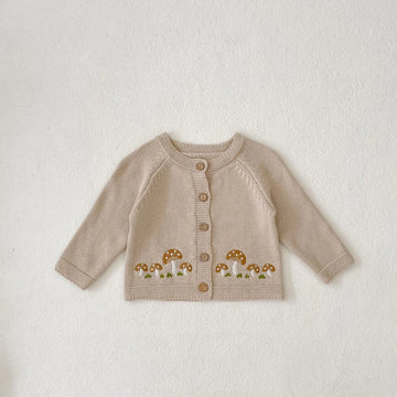 カーディガン・パーカー Khaki / 6M 66CM ベビーカーディガン きのこマッシュルーム刺繍ニットジャケット【mh0007775】