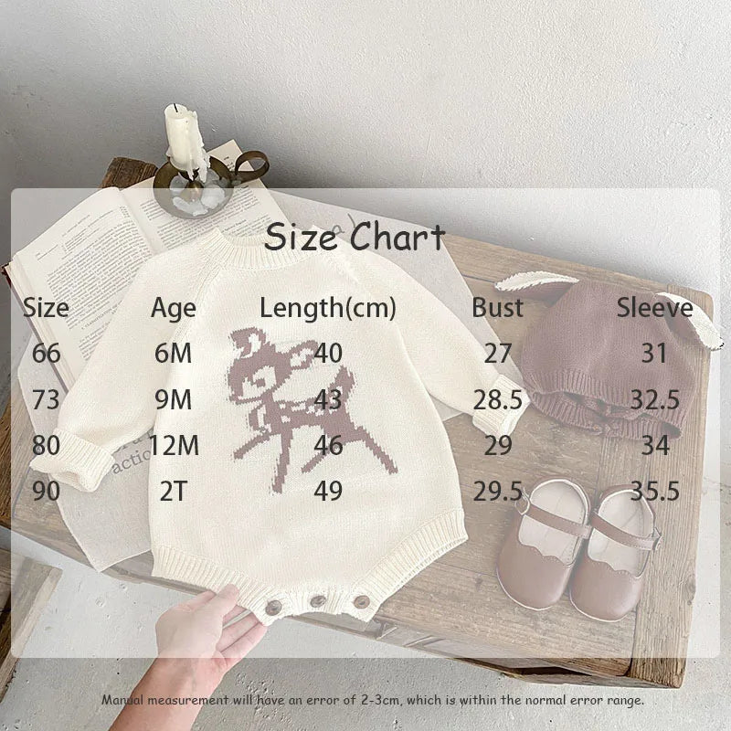 長袖ロンパース ベビーロンパース 長袖ニットボディスーツ 鹿バンビ柄 耳付きニット帽 ボンネット【mh0004101】