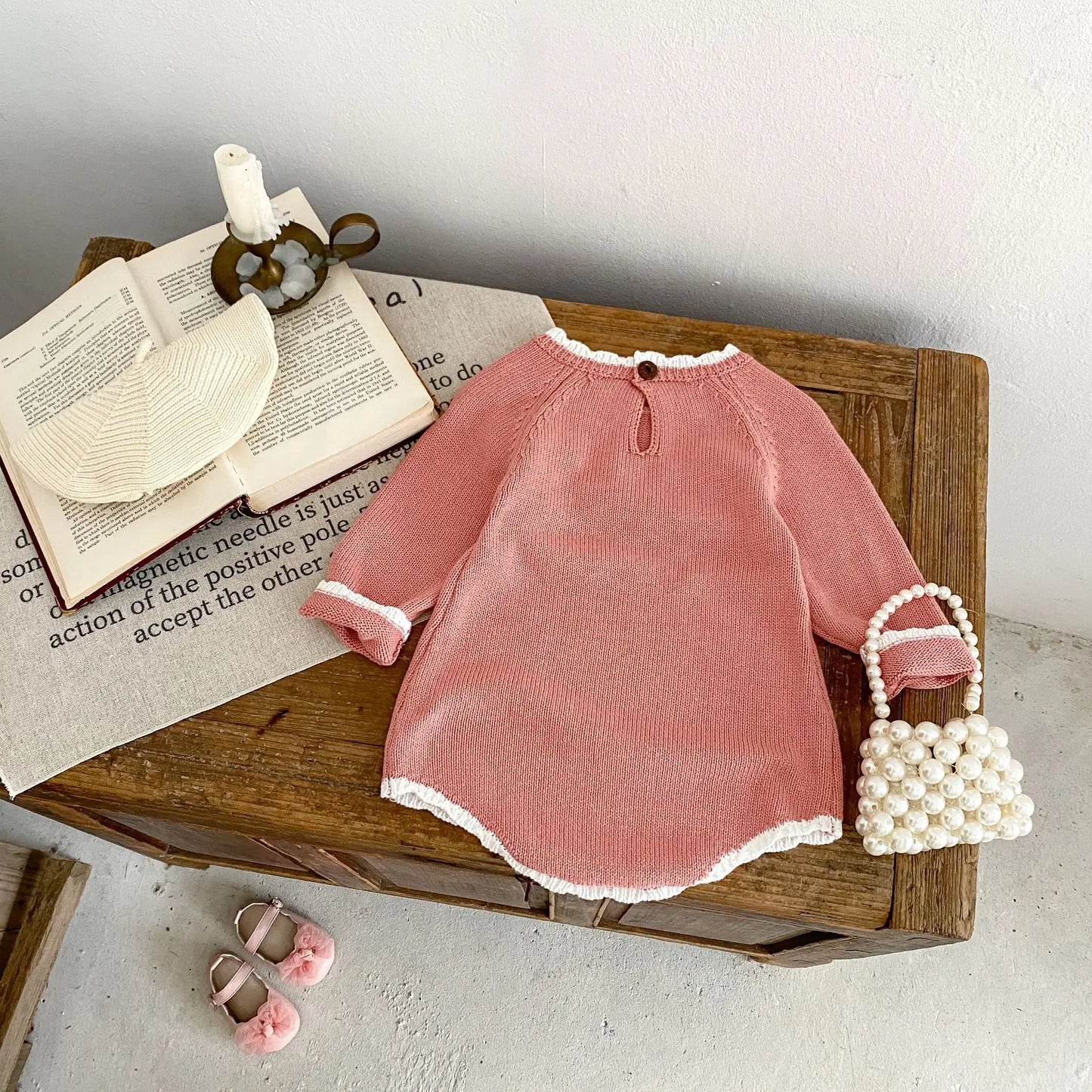 長袖ロンパース ベビーロンパース ニット 長袖ボディスーツ フラワー花柄刺繍 ピンク【mh0006565】