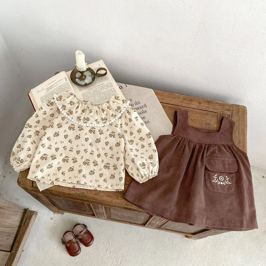 長袖セットアップ ベビーキッズトップス/ワンピース フラワー小花柄プリントラッフル襟長袖ブラウス/ノースリーブ刺繍ポケットジャンパースカート【mh0007176】