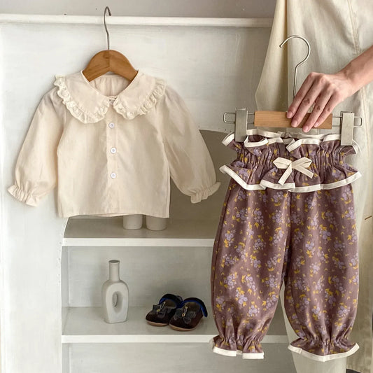 長袖セットアップ ベビートップス/パンツ フリル襟長袖シャツブラウス/ウエストフリルリボンフラワープリントロングバルーンパンツ【mh0007451】