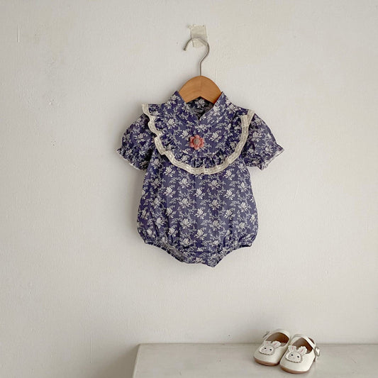 半袖ロンパース 花柄プリントスタンドカラー半袖ロンパース【mh0010175】