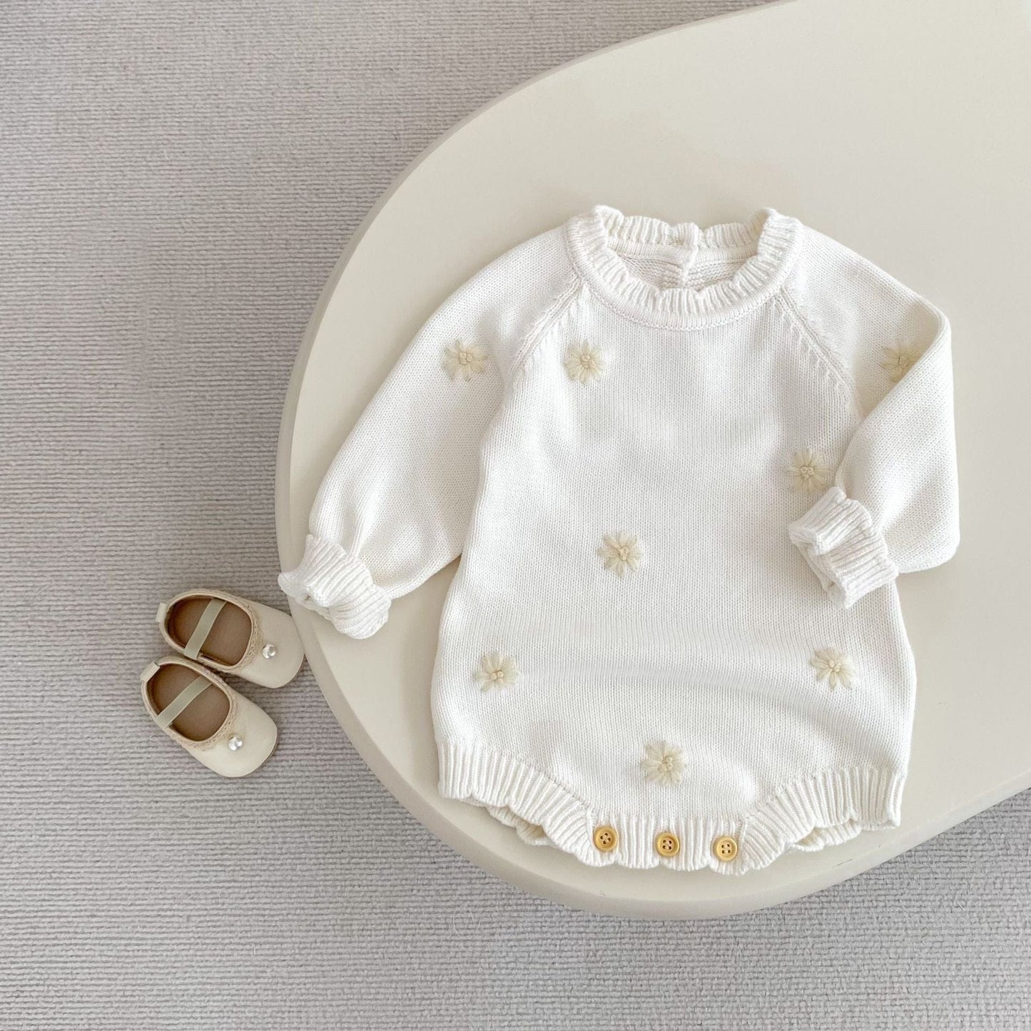 長袖ロンパース フラワー刺繍長袖ニットロンパース【mh0010516】