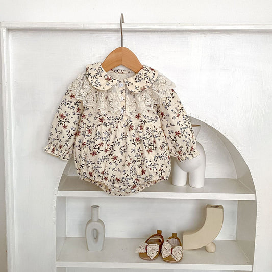 長袖ロンパース フラワープリントレース襟長袖ロンパース【mh0010527】