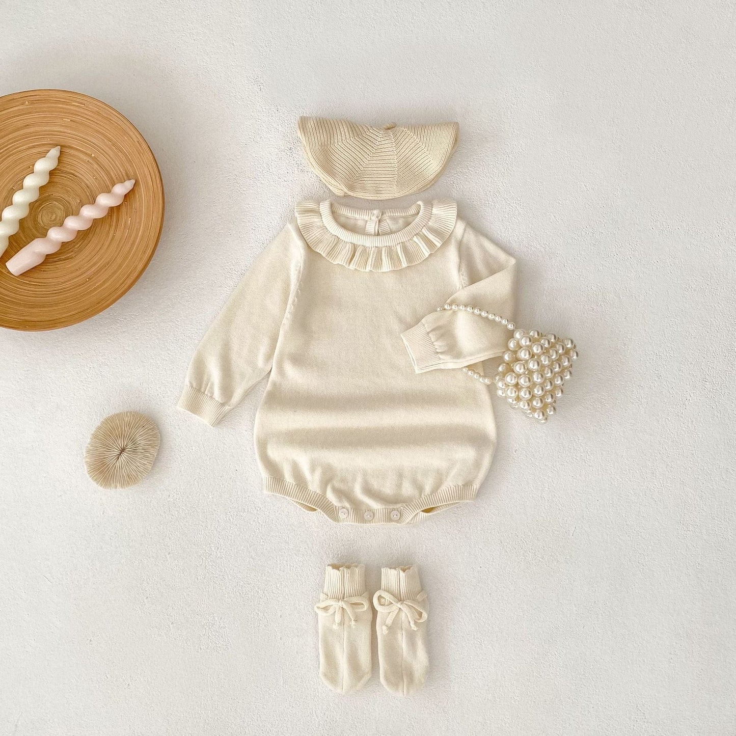 長袖ロンパース フリル襟長袖ニットロンパース/リボンソックス靴下【mh0010844】