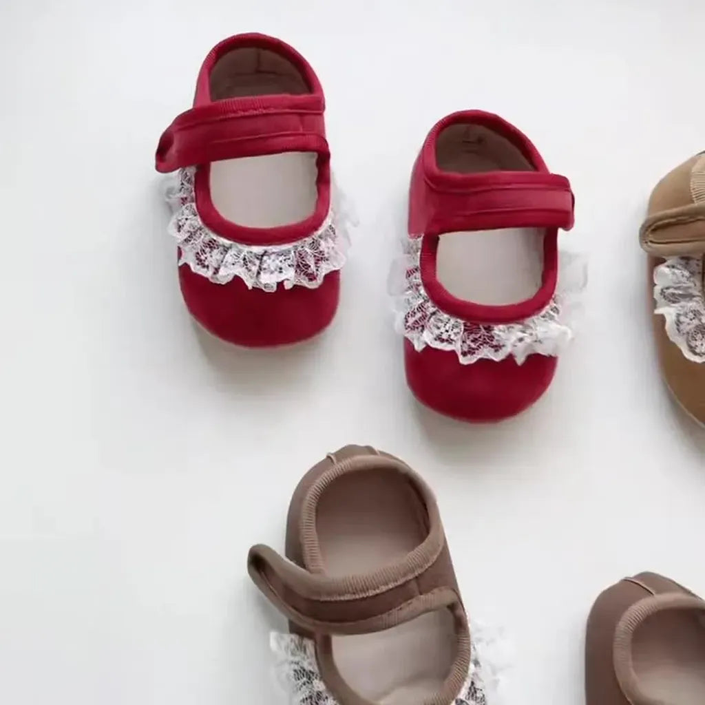 ベビー用靴 レースフリル付きストラップシューズ ソフトソールフォーマルシューズ【mh0011070】