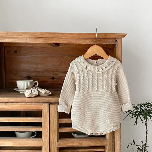 長袖ロンパース フリル襟透かし編みニットロンパース【mh0011079】