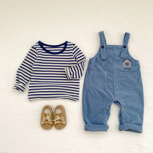 長袖セットアップ ボーダー長袖Tシャツ/コーデュロイサロペットパンツ【mh0011086】