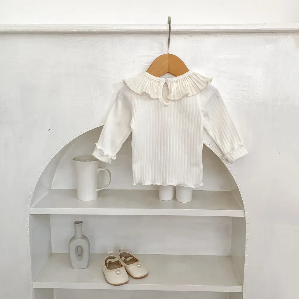 長袖Tシャツ フリル襟リブ編み長袖トップス【mh0011082】