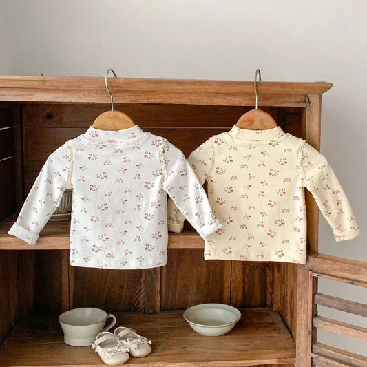 長袖Tシャツ ベビーキッズトップス フラワー小花柄プリントハイネック長袖Tシャツ 2カラー【mh0007032】