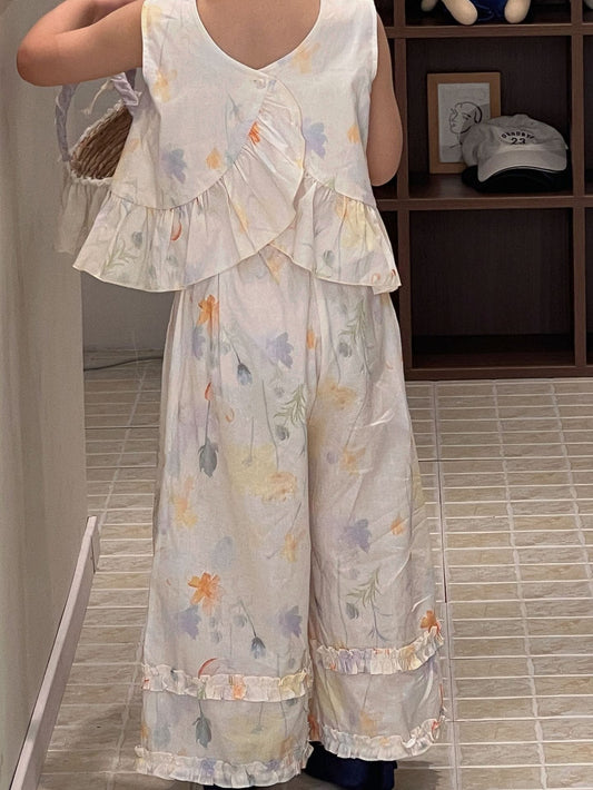 Floral Lace Vest Lantern Pants Two-Piece Set フラワー ノースリーブトップス ロングパンツ セット【mh0013301】 Mu Zika ノースリーブセットアップ