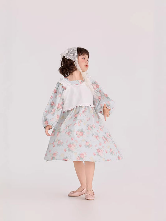 Floral Pattern Crew Neck Doll Dress 小花柄 パフスリーブ ドールワンピース【mh0012385】 mamahalo shop