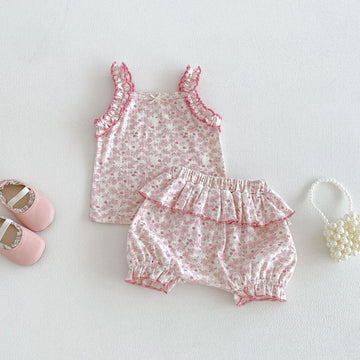 Floral Ruffle Tank Top Shorts Set 小花柄 キャミソールショートパンツ セット【mh0013432】 angou ノースリーブセットアップ