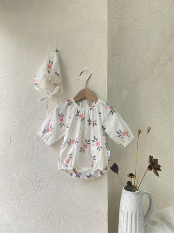 Flower Embroidered Romper with Bonnet 花柄 刺繍 ロンパース ボンネット【mh0012670】 BBAMMA 長袖ロンパース