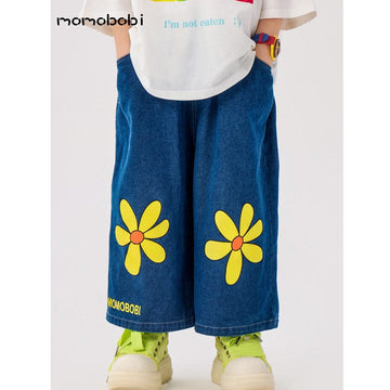 Flower Print Denim Cropped Pants フラワー デニムパンツ【mh0013001】 Denim Blue / 90cm momobobi デニムパンツ