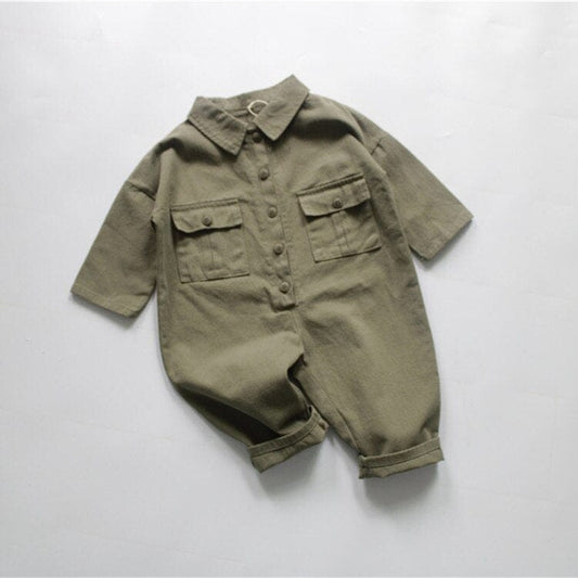 長袖ジャンプスーツ キッズ服 長袖シャツ ジャンプスーツ つなぎ シンプル ベーシック 無地 アーミーグリーン ベージュ 2色 男の子【mh0002766】