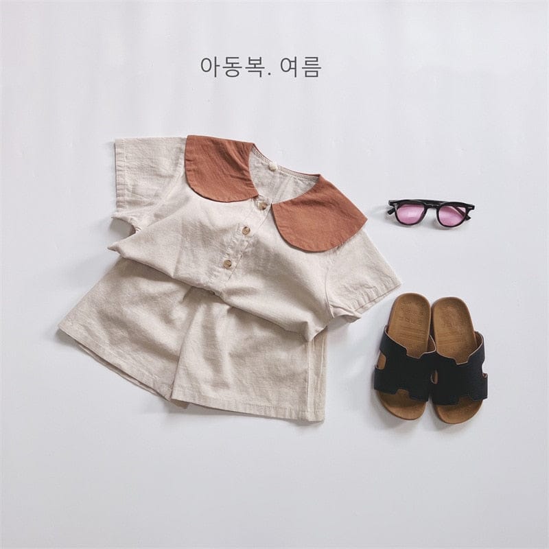 半袖セットアップ Beige / 12M/80cm キッズ セットアップ 丸襟 半袖 シャツ ブラウス ショートパンツ ベージュ ブルー グレー ユニセックス【mh0002058】
