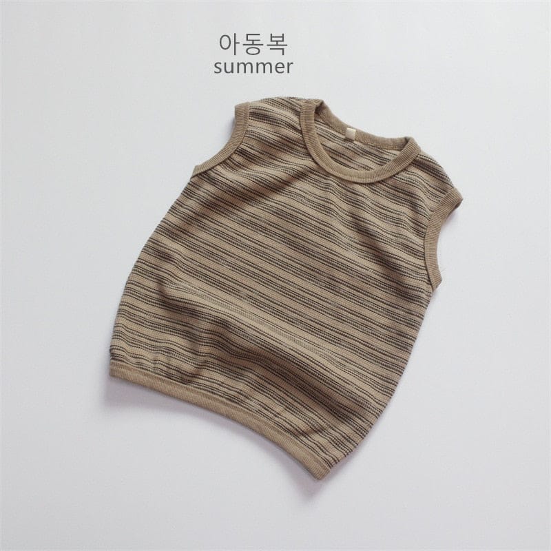 タンクトップ・キャミソール・ノースリーブトップス Coffee / 12M/80cm キッズ ボーダー タンクトップ ノースリーブ Tシャツ ベージュ コーヒーブラウン ユニセックス【mh0001983】