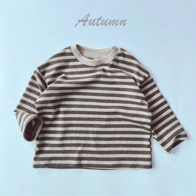 ブラウン系のボーダー長袖Tシャツ(長袖・丸首)