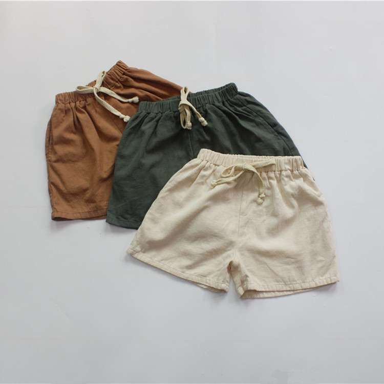 コットンリネン風ショートパンツ、ベージュ/アーミーグリーン/ブラウンの3色セット、紐付き