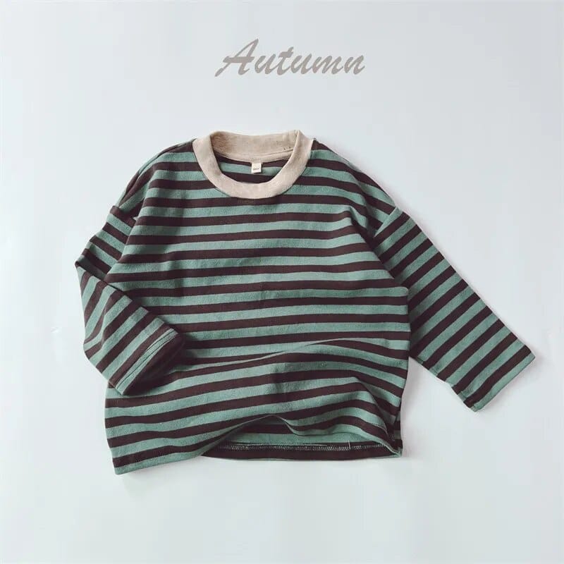 緑系のボーダー長袖Tシャツ(長袖・丸首)