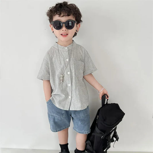 半袖シャツ・ブラウス キッズトップス 無地/ストライプコットンリネンノーカラー半袖シャツ【mh0008881】