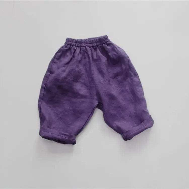 キッズ用リネンクロップドパンツ、パープルのゆったりシルエット(ゴムウエスト)