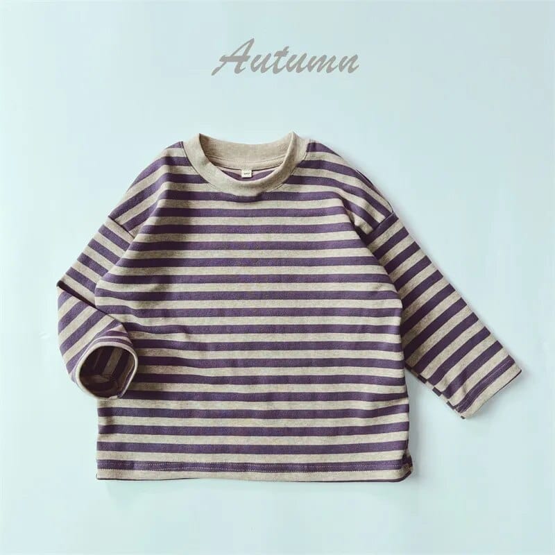 キッズ 長袖Tシャツ ボーダー柄 パープル×ベージュ、丸首