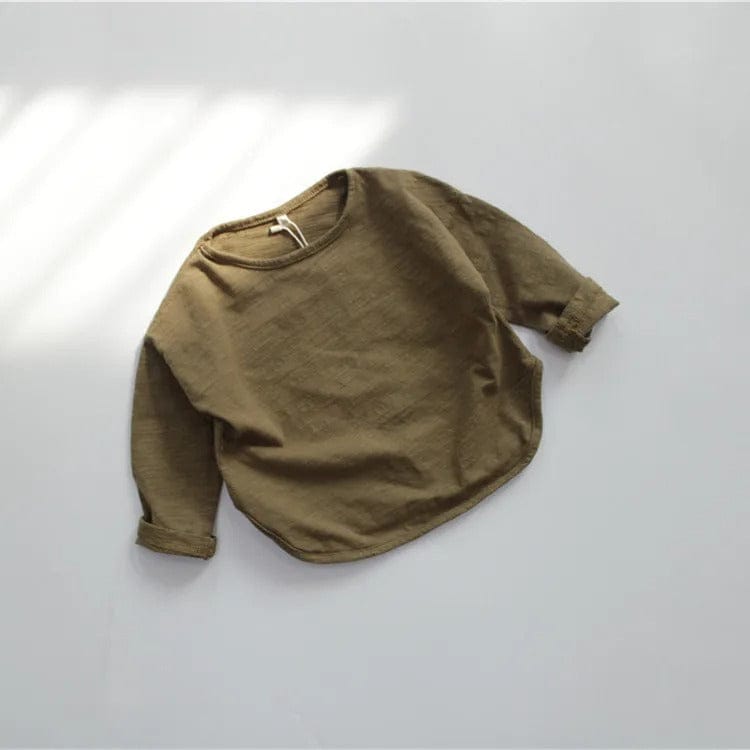 ベビー用無地長袖Tシャツ(スラブコットン)カーキグリーン、ルーズなラウンドヘム