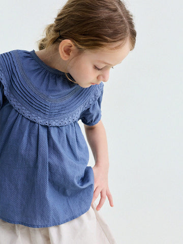 French Lace Puff Sleeve Cotton Shirt レース 半袖ブラウス【mh0013200】 yunerma 半袖シャツ・ブラウス
