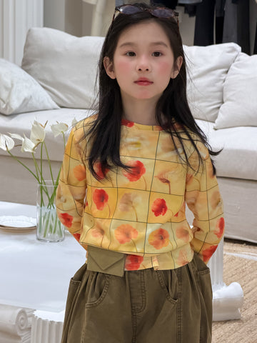 Full Printed Flower Long Sleeve Tee フラワープリント 長袖Tシャツ【mh0012355】 Yellow T-shirt / 100cm KUMAI.KIDS