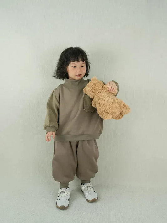 長袖セットアップ キッズセットアップ 2点セット ハイネック裏フリース長袖スウェットトレーナー+バルーンスウェットジョガーパンツ【mh0008134】