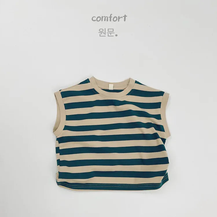 キッズ用ノースリーブTシャツ ボーダー(青緑×ベージュ系)
