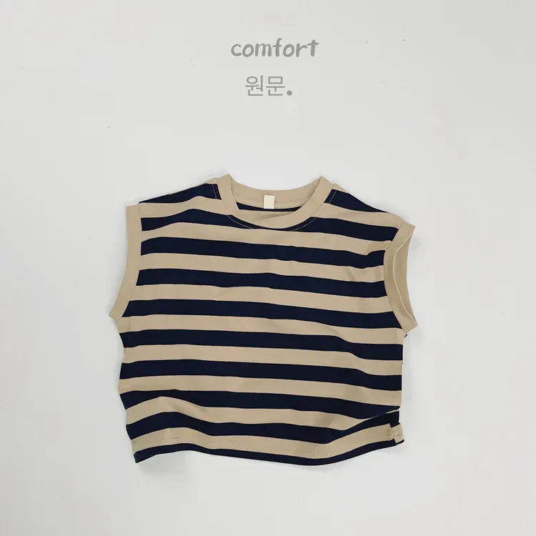 キッズ用ノースリーブTシャツ ボーダー(ネイビー×ベージュ系)