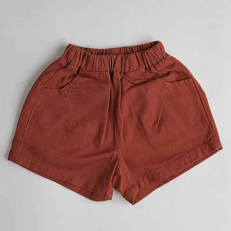 レンガ色のショートパンツ、ウエストゴム、前ポケット風ステッチ
