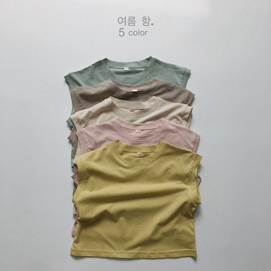 タンクトップ・キャミソール・ノースリーブトップス キッズ くすみカラー ノースリーブ Tシャツ タンクトップ 5カラー ユニセックス【mh0002091】