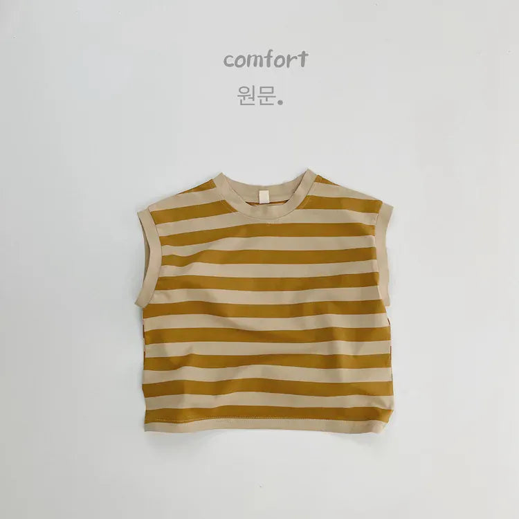 キッズ用ノースリーブTシャツ ボーダー(ベージュ×イエロー系)