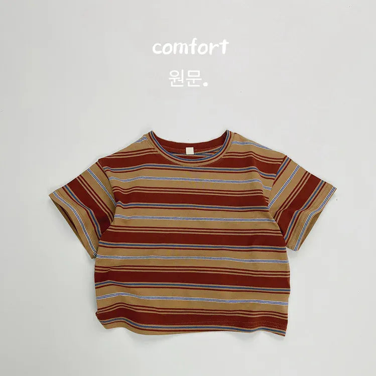 半袖Tシャツ Brown / 12M 80CM キッズトップス 半袖Tシャツ レトロボーダー 3カラー【mh0005028】