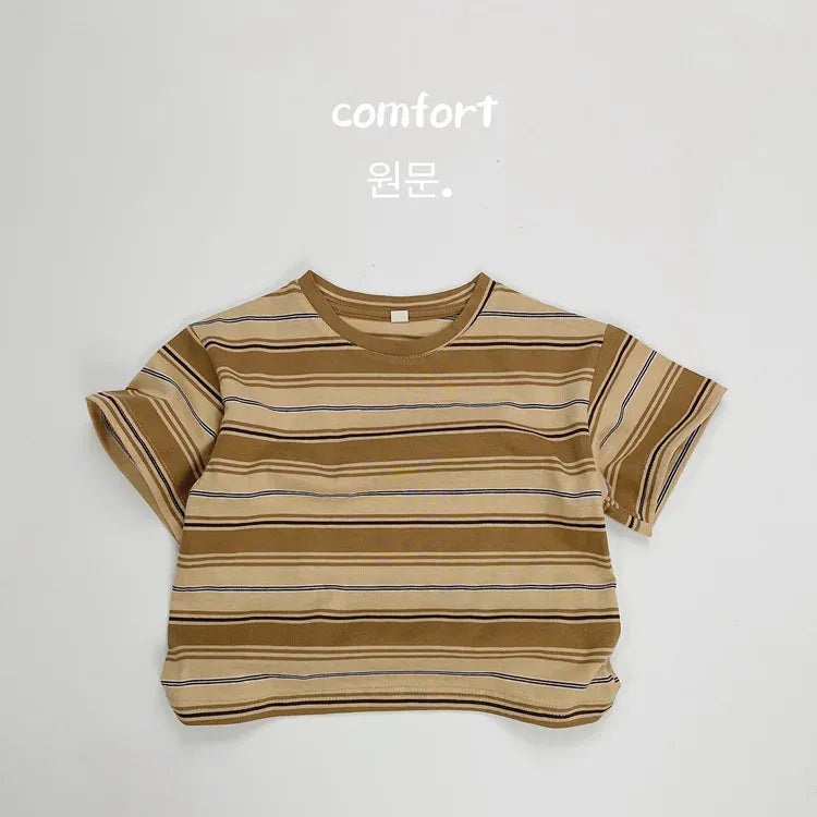 キッズ半袖Tシャツ、ベージュ地の多色横ボーダー