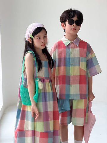 Gingham Multi Colored Dress Shirt Shorts Set ノースリーブワンピース 半袖シャツ パンツ【mh0013523】 KUMAI.KIDS 半袖セットアップ