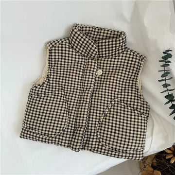 ベスト Brown / 80cm 12M キッズベスト チェックパデッドスタンドカラーアウターベスト【mh0008064】
