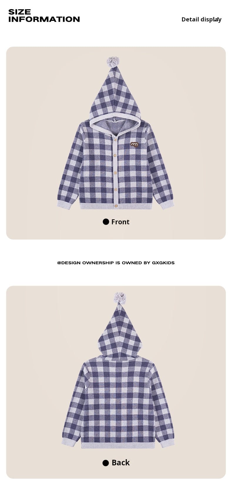 カーディガン・パーカー 長袖フーディーカーディガン 綿100% ニット素材 チェック柄 ボタン留め【mh0011340】