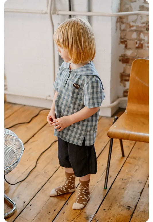 半袖シャツ・ブラウス navy collar plaid top【mh0009513】