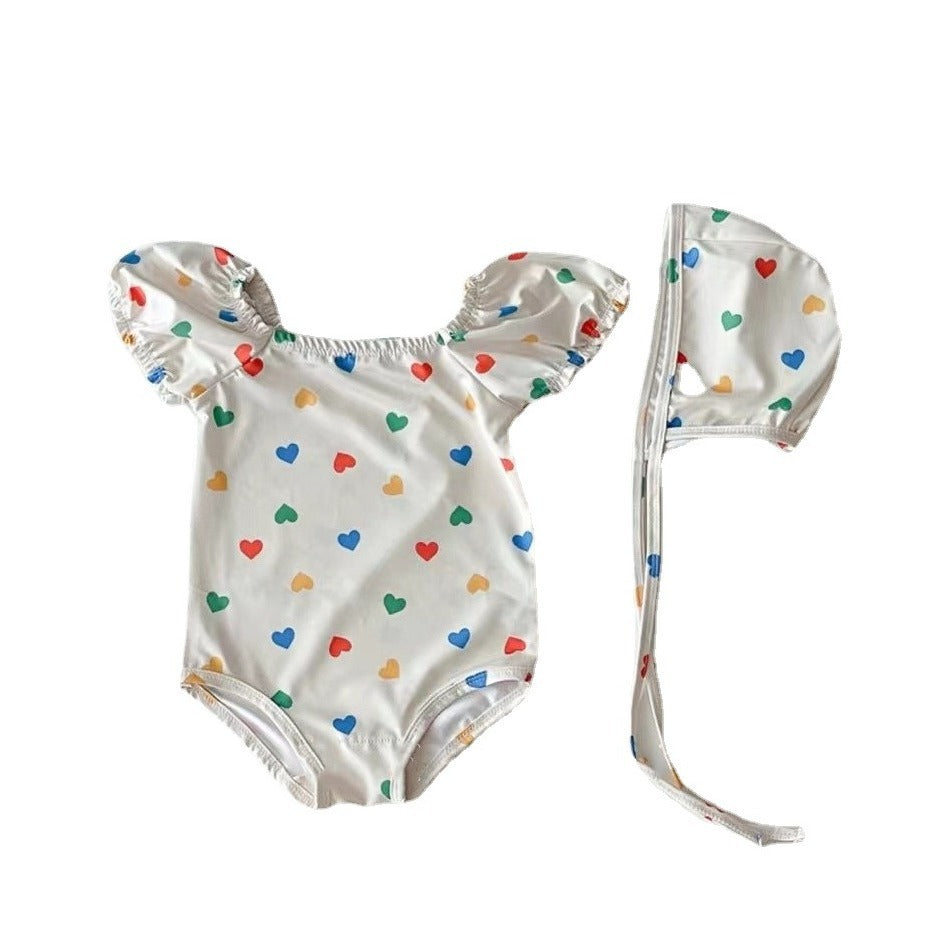 Heart Print Puff Sleeve Swimsuit ハートプリントパフスリーブ水着【mh0012435】 mamahalo shop