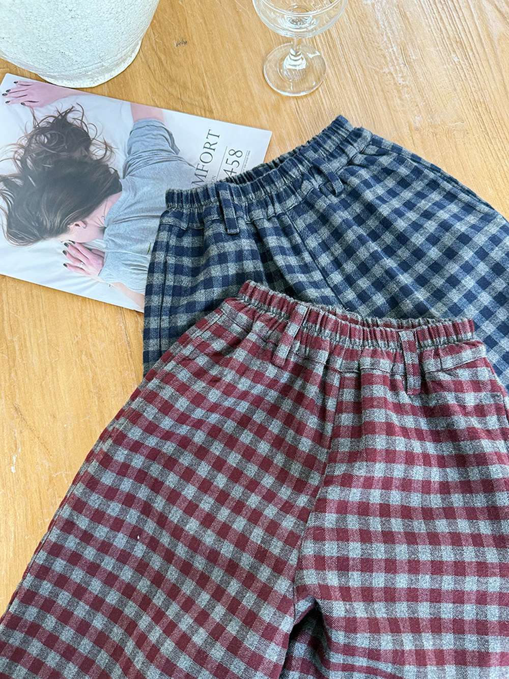 チェック柄ロングパンツ(ネイビーとレッド)ウエストゴム